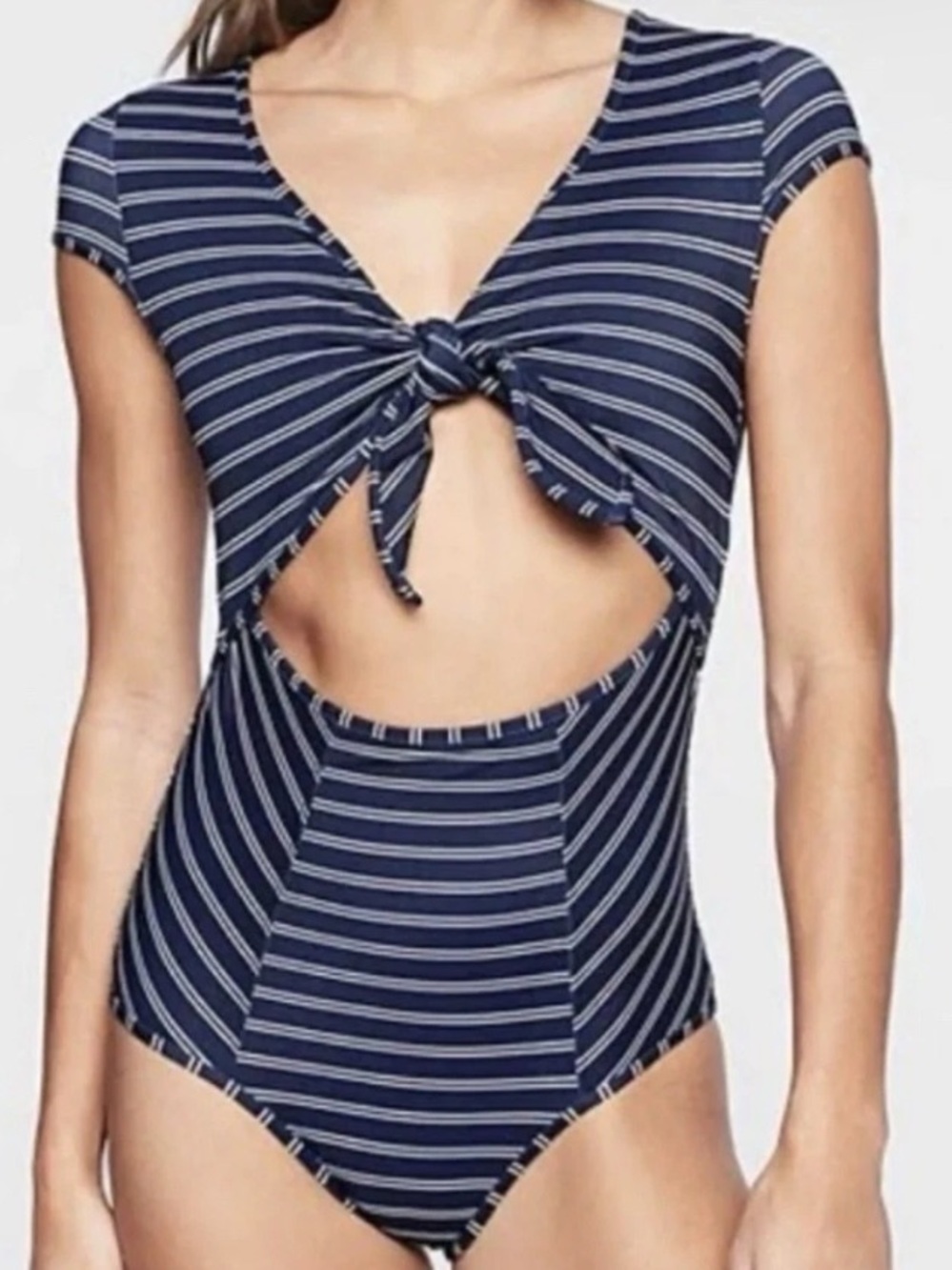 Athleta Navy and White Striped One-Piece Swim with Front Tie Cutout size Small